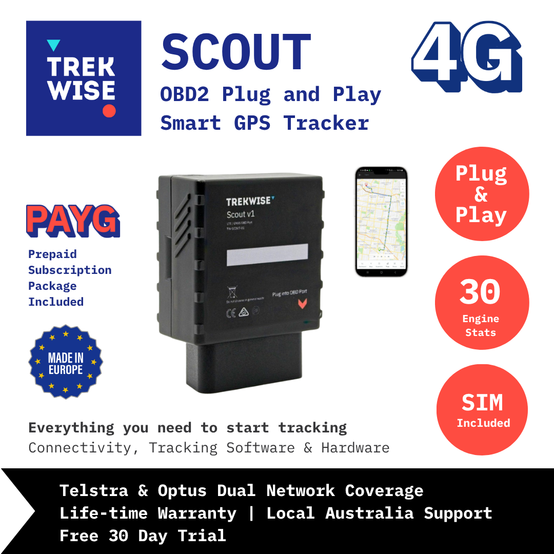 Trekwise Scout 4G smart GPS tracker with key features highlighted on a white background