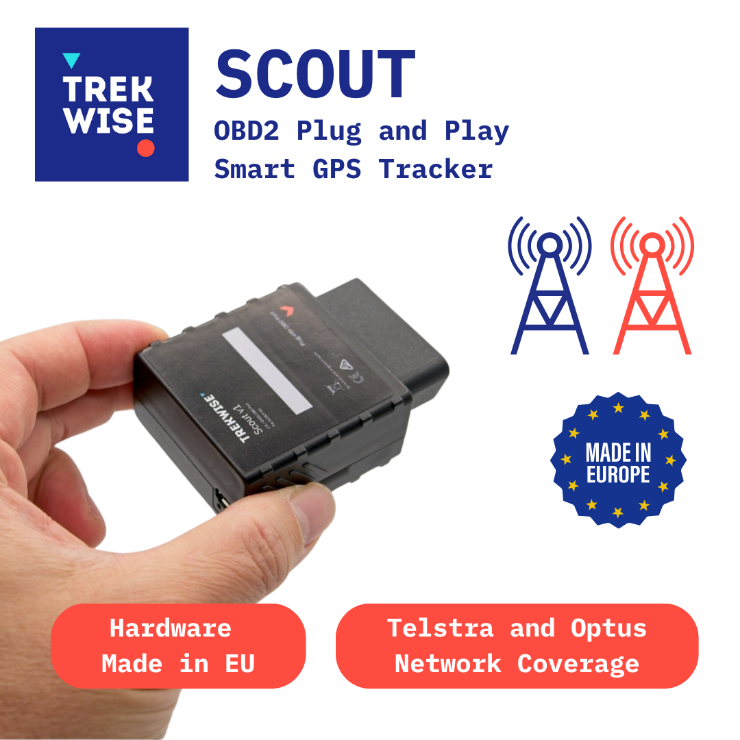 Trekwise Scout Smart GPS Tracker OBD2 Plug and Play Smart GPS Tracker held by a hand with branding and features highlighted.