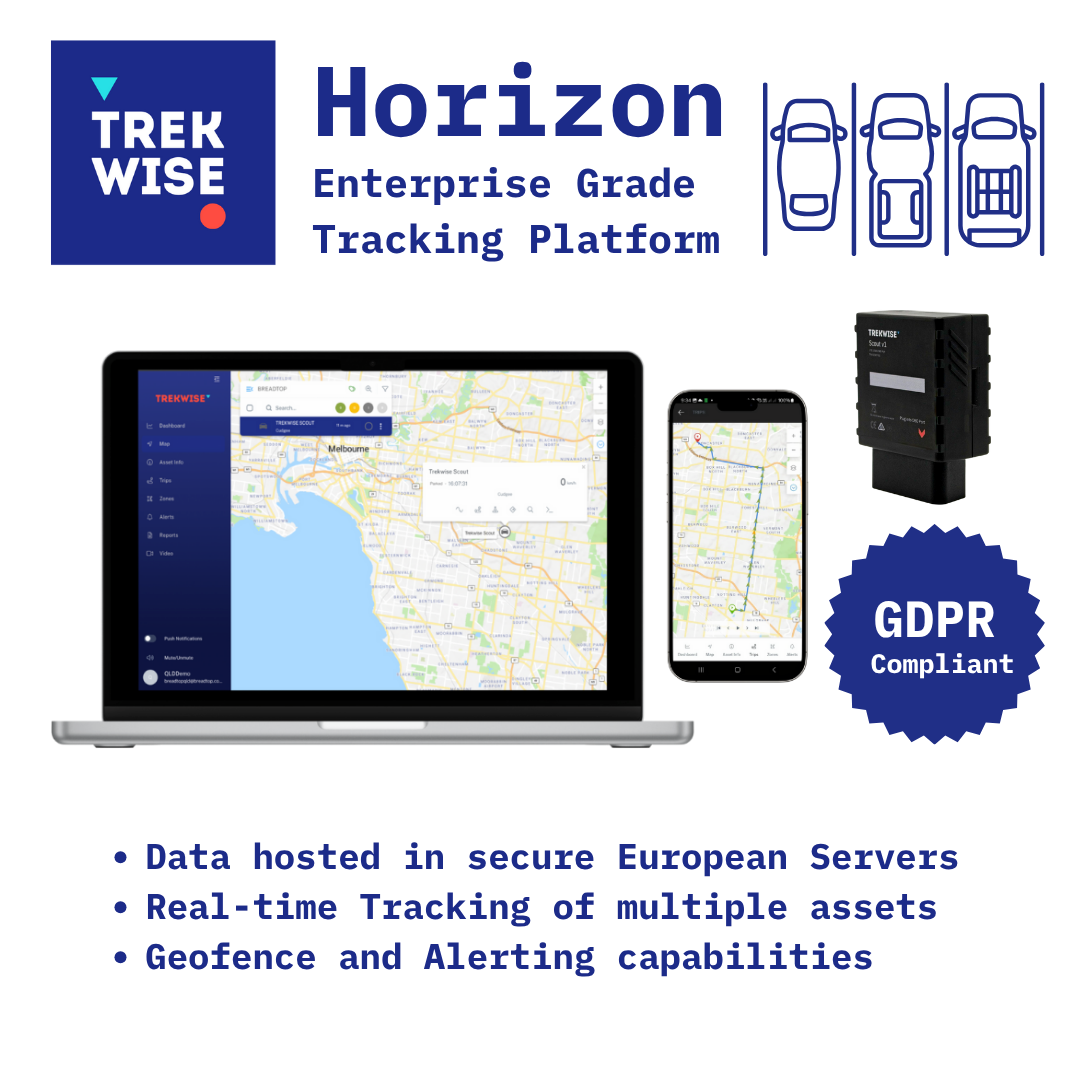 Trek Wise Horizon enterprise grade tracking platform with tablet, smartphone, and device on a white background.