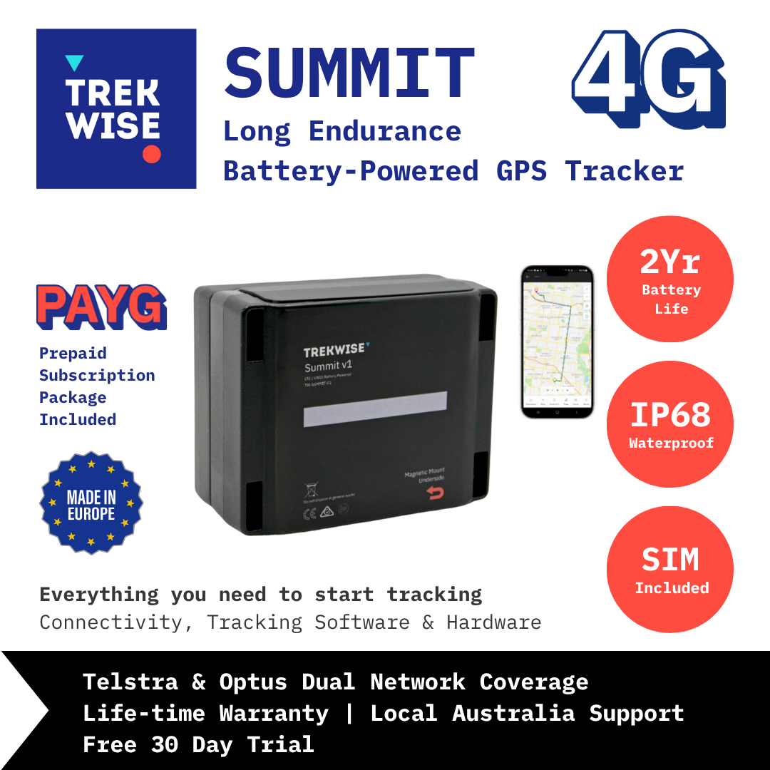 Trek Wise Summit GPS tracker with features highlighted on a white background
