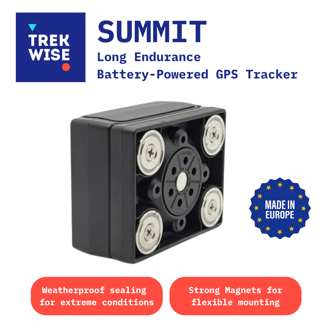 Trek Wise Summit GPS tracker with features highlighted on a white background