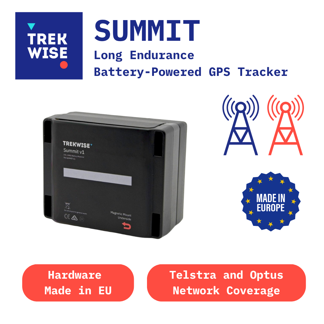Trekwise Summit GPS tracker with branding and product features on a white background