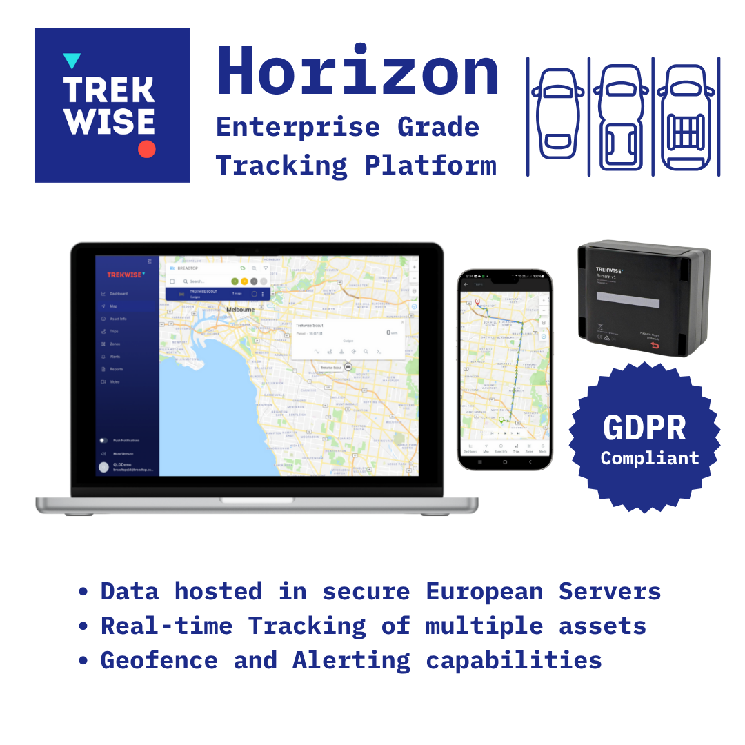 Trek Wise Horizon enterprise grade tracking platform with tablet, smartphone, and device on a white background.