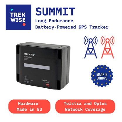 Trekwise Summit GPS tracker with branding and product features on a white background